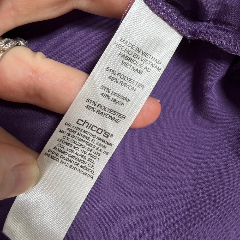 Chico's Size-3 (XL) Top Purple Henley Blouse Roll Tab Sleeve Layered Hem - Picture 7 of 10